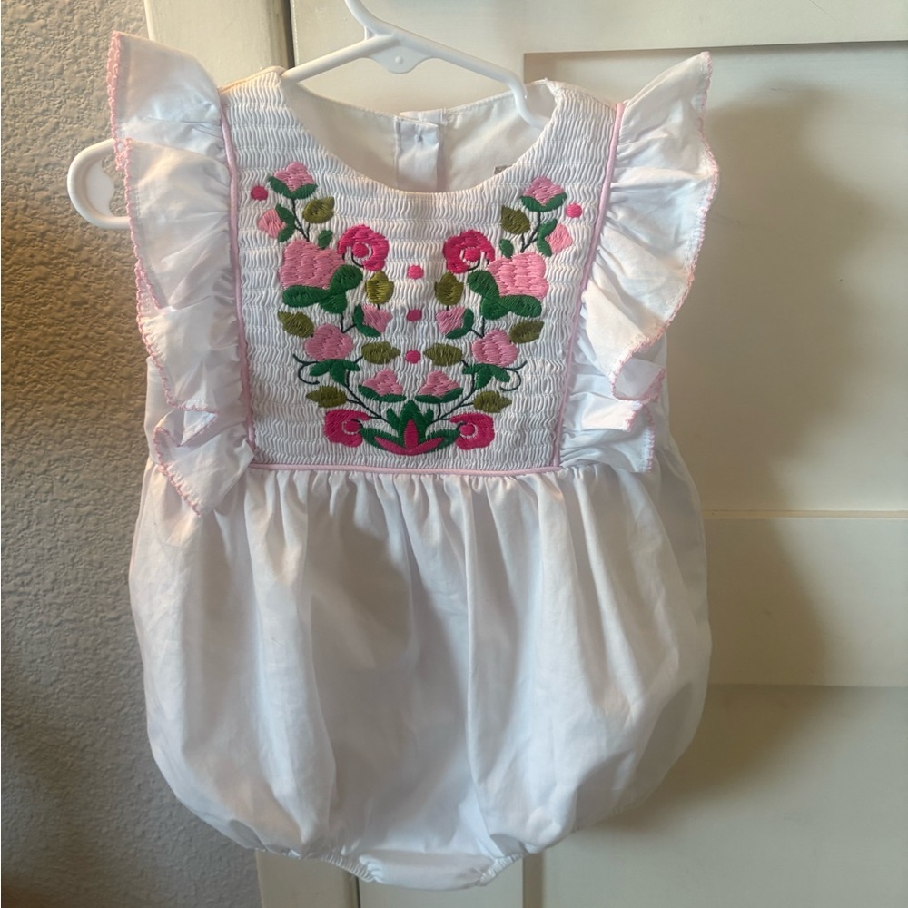 White and Pink Floral Embroidered Bodysuit with Ruffled Sleeves
